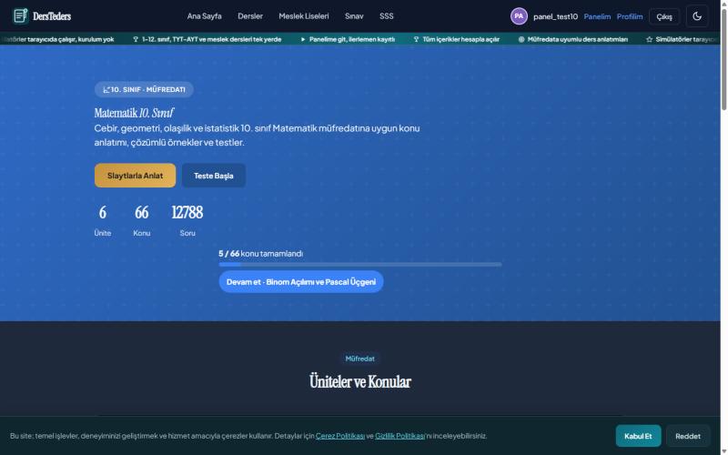 Üye konu sayfası: ders ilerlemesi, devam et düğmesi ve ünite listesi
