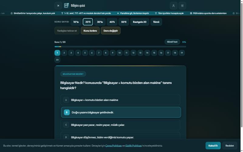 Quiz ekranı: soru, dört şık ve açıklama alanı