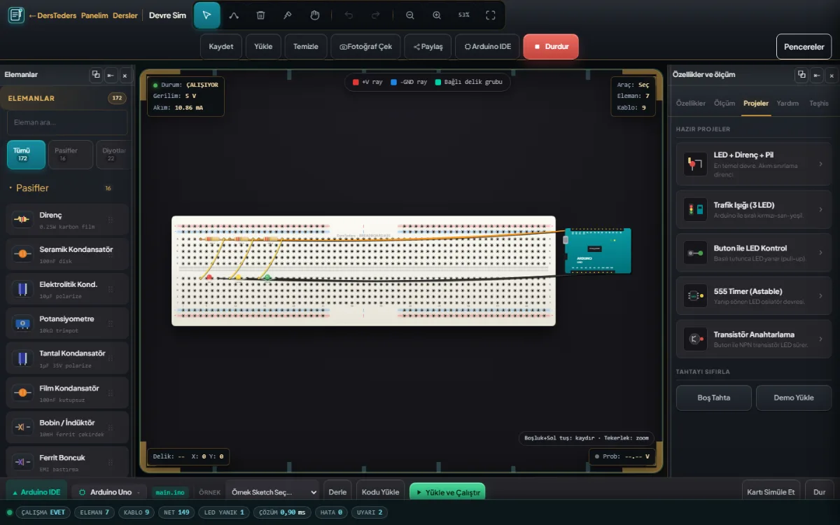 Breadboard simülatörü: Arduino ve LED'li çalışan devre