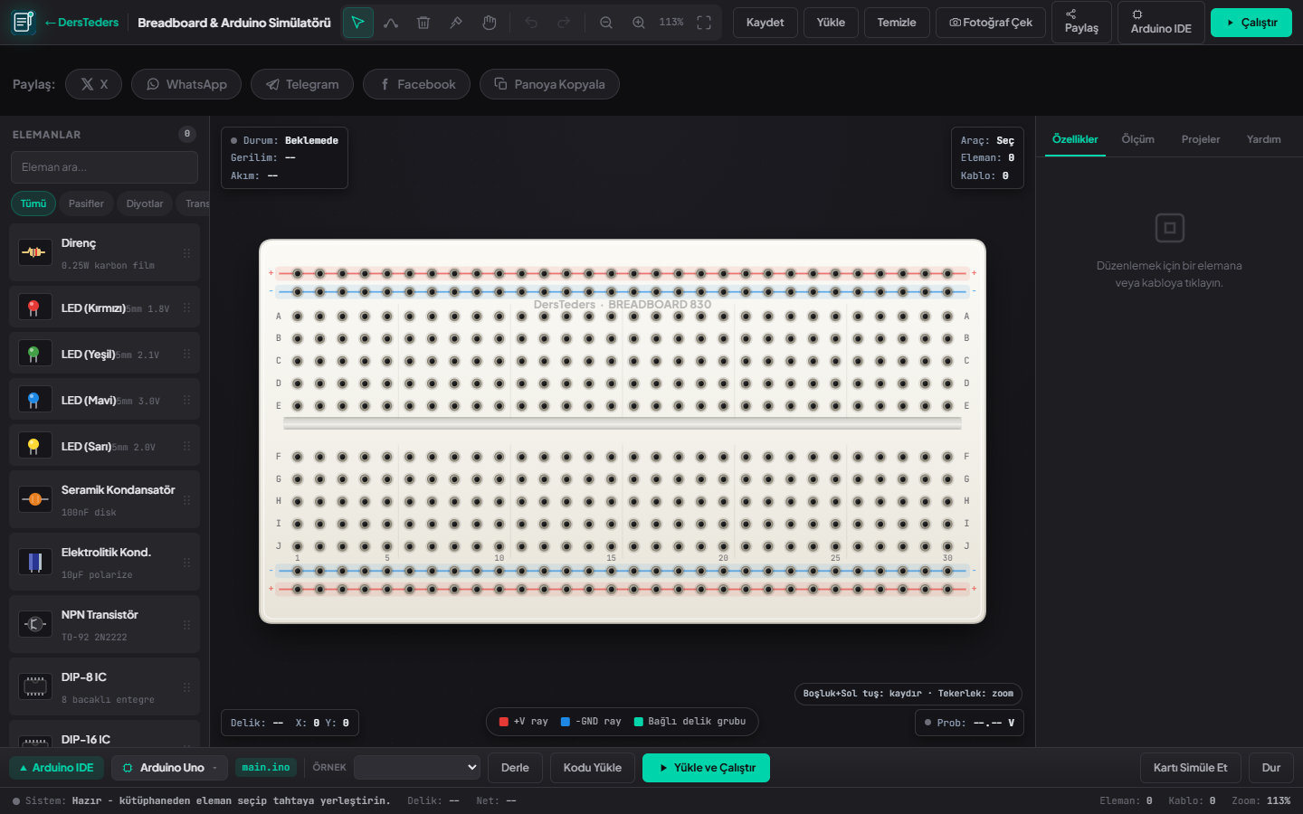 DersTeders gerçekçi breadboard elektronik ve breadboard simülatörü laptop ekranında