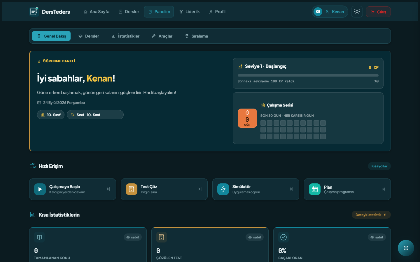 DersTeders yenilenen sekmeli öğrenci paneli laptop ekranında